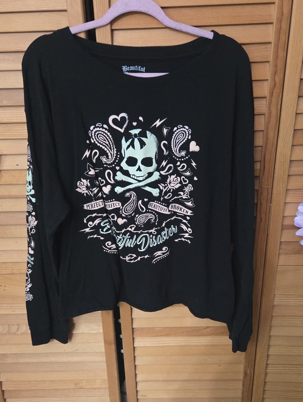 Beautiful Disaster  Long-Sleeve Crop Tee With Skull Graphic Perfectly Imperfect